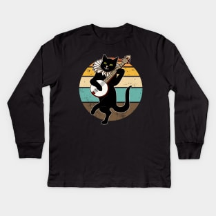 Vintage Cat Playing Banjo Kids Long Sleeve T-Shirt